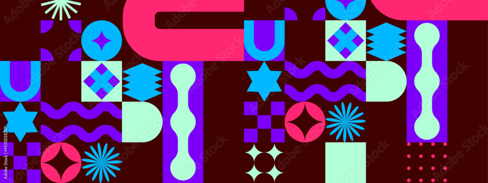 Poster colorful abstract geometric design with shapes and patterns on dark background, ideal for vibrant an