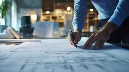 Architect reviewing blueprints in an office. Featuring focus and precision