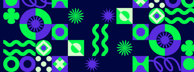 green and purple geometric abstract design with shapes and modern patterns on dark background