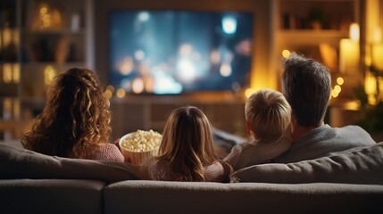 Cozy family movie night at home with popcorn and warm lighting