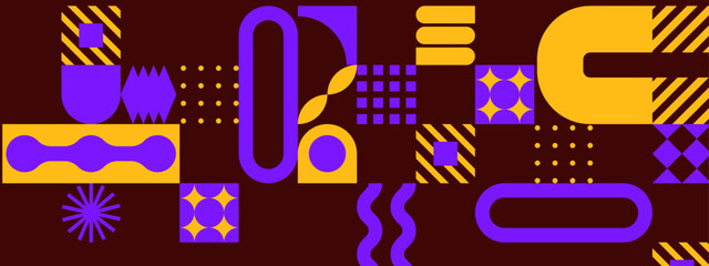 purple and yellow vibrant abstract shapes geometric patterns on dark background vector illustration