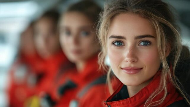 Confidence in Focus: A close-up view of a woman in focus with a confident smile, her eyes locking with the viewer and a line of peers blurring in the background.