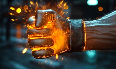 A close-up of a glowing fist wearing a leather glove, surrounded by sparks in a city night scene