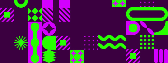 vibrant pink and green abstract geometric shapes on dark purple backgorund