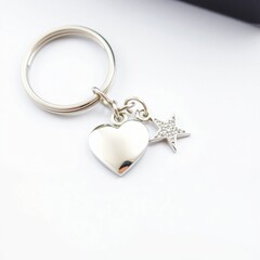 Shiny silver keychain with heart and star charms. Metal chain connects charms to keyring. Simple white background. Stylish accessory. Perfect gift for someone special.