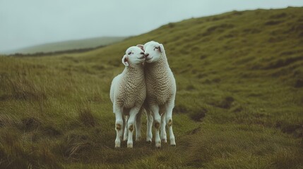 Obraz premium Two lambs cuddling on grassy hill in misty weather for nature, pet or farm use