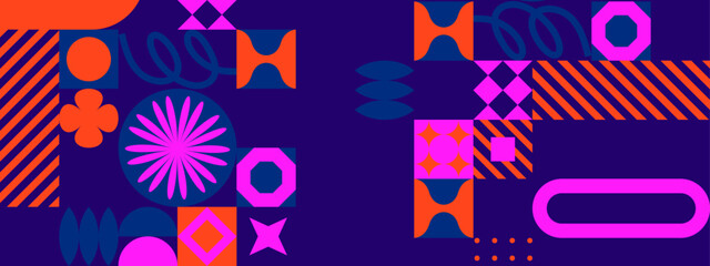 abstract vibrant color geometric shapes patterns with retro memphis style vector illustration, for textiles, backgrounds, stationery, and packaging designs