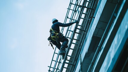 Construction Worker Climbing Scaffold