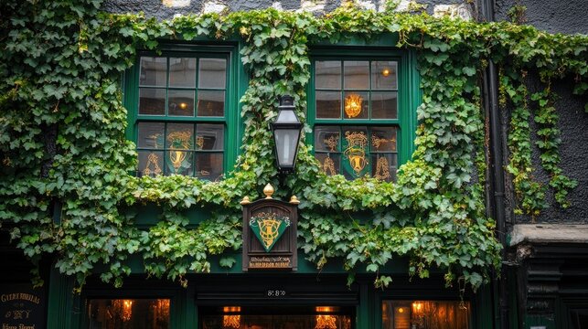 A traditional Irish pub exterior adorned with green and gold decorations, framed by hanging ivy.