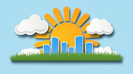 Fototapeta premium Bright Sun Rising Over City Skyline with Soft Clouds and Green Grass Background