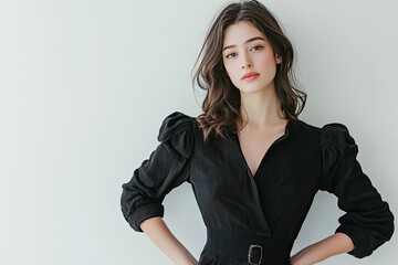 Portrait of a stylish fashion model on a white background posing with hands on hips.