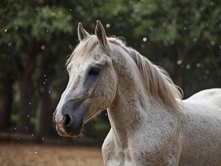Obraz premium Profile portrait of a dappled white horse with subtle gray speckles against a blurred natural background. Alert ears and expressive dark eye create an elegant equine portrait showing the horse's grace