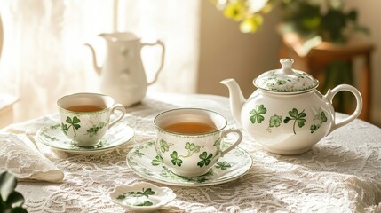 Fototapeta premium A traditional Irish tea set with delicate shamrock patterns, set on a lace tablecloth in a sunny room.