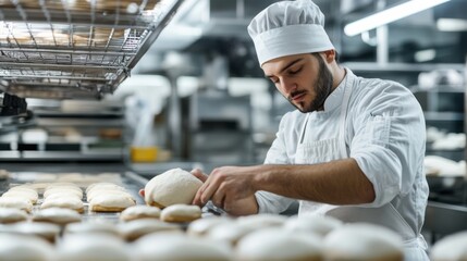 Baker preparing dough in a bakery kitchen. Featuring skill and attention to detail