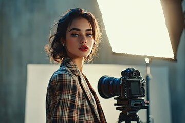 Portrait of a stylish fashion model posing in front of a camera on set.