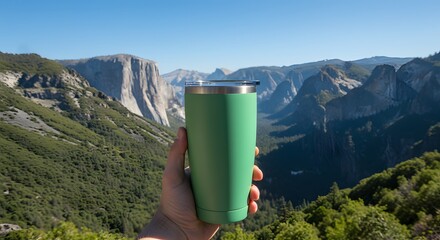 Green thermos against mountain scenery