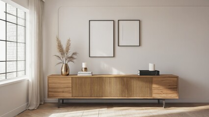 Fototapeta premium Modern, minimalist living room with wooden media console.