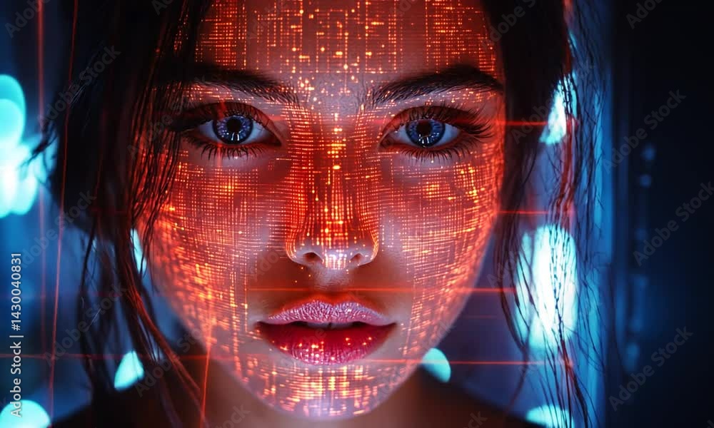 Poster a close-up of a woman's face illuminated by digital patterns and glowing lights in a futuristic sett