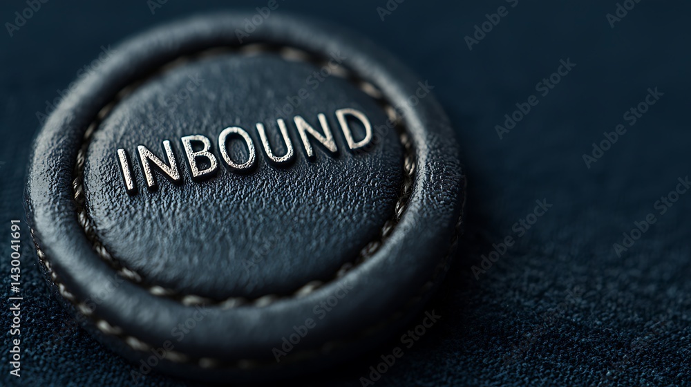 Poster a close-up of a textured black leather button with the word 