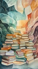 The watercolor depicts a school setting with stacks of books capturing the essence of education and creativity in soft flowing hues creating a warm and inviting educational environment