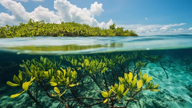 Mangrove Ecosystem:  A split-level view showcases the breathtaking beauty of a mangrove ecosystem, where vibrant green foliage reaches towards a bright blue sky above, while underwater.