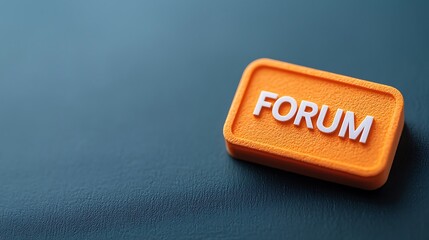 An orange "FORUM" sign rests on a textured blue surface, highlighting a platform for discussion and community engagement.