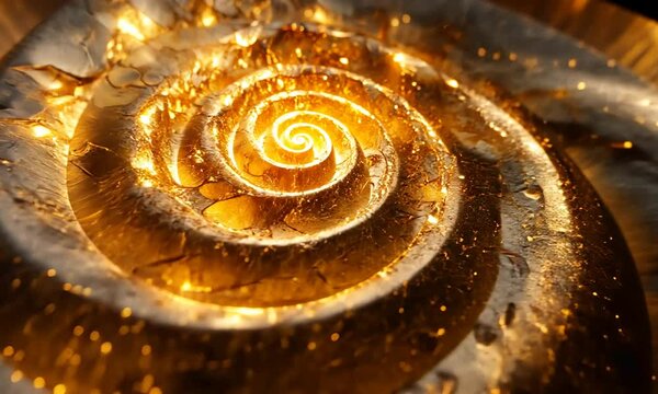 A close-up view of a shimmering golden spiral shell with radiant light reflections, symbolizing beauty