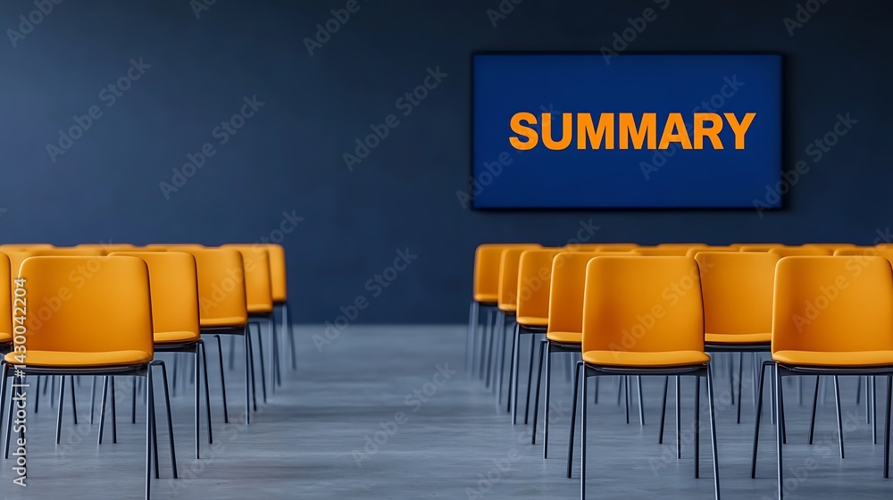 Aufkleber a spacious room with rows of yellow chairs facing a screen displaying the word 