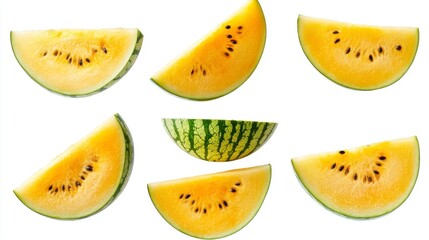 Fototapeta premium Yellow and Green Watermelon Slices on White Background
