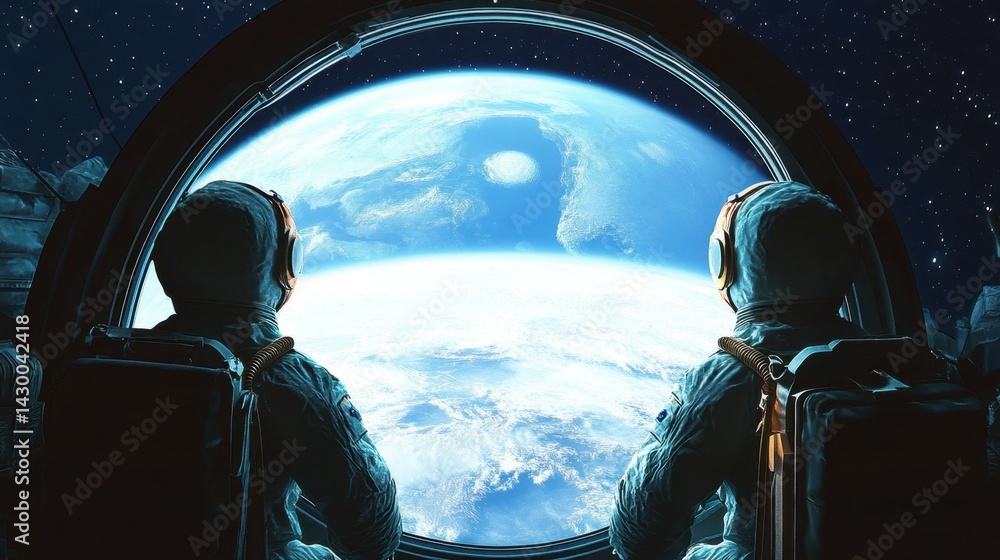 Poster three astronauts gaze out of a large viewport, observing earth from space. the planet is visible in 