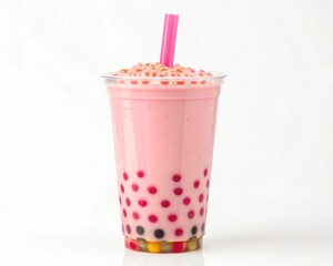 Refreshing Pink Bubble Tea with Colorful Boba Pearls in Plastic Cup
