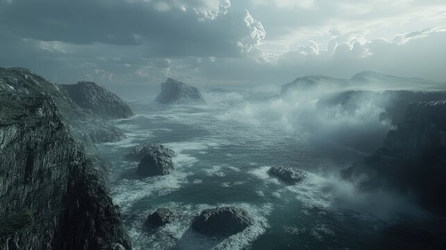 A wide view of a serene Irish coastline, with rolling waves and clusters of seafoam-covered rocks.