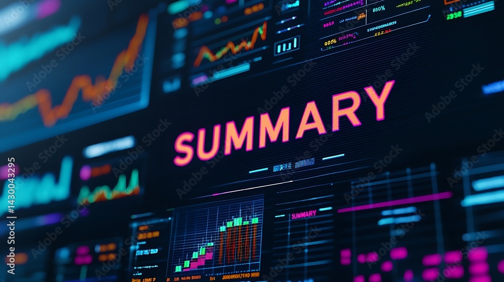 Poster a digital dashboard displaying financial data and trends, featuring vivid graphs, charts, and the wo
