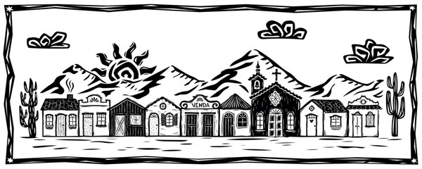 Landscape of a village with houses and a church in the countryside, rural scene. Illustration in the style of woodcut, linocut. For prints, cards, patterns.eps