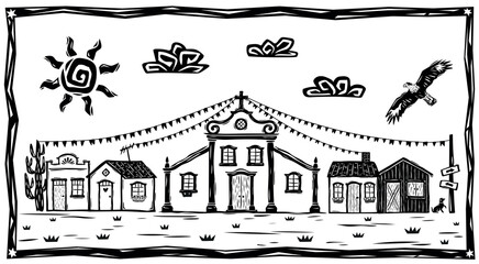 Landscape of a village decorated for a festival. with church and old houses, sun and clouds. Illustration in the Brazilian cordel style.eps