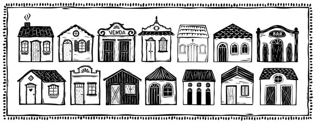 set of cute little houses drawn in woodcut style. Countryside houses, old and original. Vector illustration. Isolated elements.eps