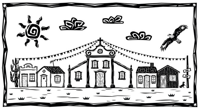 Landscape of a village decorated for a festival. with church and old houses, sun and clouds. Illustration in the Brazilian cordel style.eps