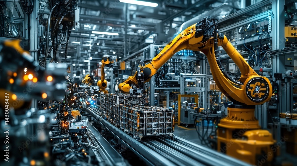 Poster industrial robotics revolution automated manufacturing process factory floor high-tech environment c