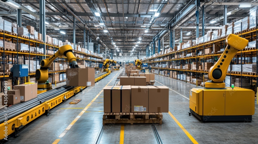 Poster Revolutionizing warehouse operations automated robotics for package handling and technological innovation