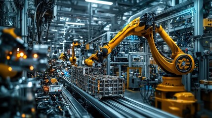 Fototapeta premium Industrial robotics revolution automated manufacturing process factory floor high-tech environment close-up view