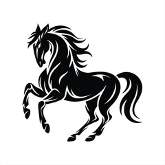 Majestic Rearing Horse Silhouette with Flowing Mane in Black and White Vector Style
