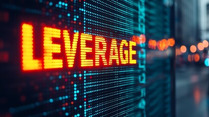 A bright digital display shows the word "LEVERAGE," surrounded by a blurred cityscape, emphasizing finance and technology themes.