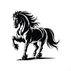 Elegant Rearing Horse Silhouette with Flowing Mane in Black and White Vector Art
