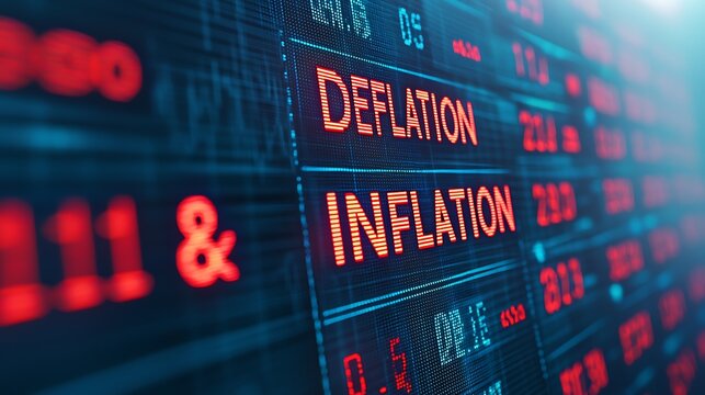 A digital display showing financial terms "Deflation" and "Inflation," indicating economic metrics with numerical values.