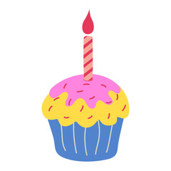Hand-drawan birthday cake illustration. Cake, bakesry, pastry, dessert for birthday party decoration. Vector isolated.