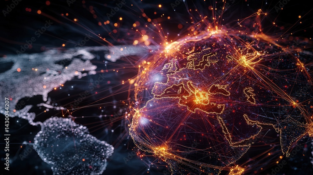 Poster Global data visualization digital connections world map infographic cyber environment aerial view technology impact