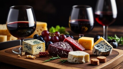 Red wine flight and cheese pairing on wooden board. Gourmet tasting experience with cheese cubes, moldy and hard cheeses selection.