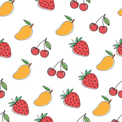A seamless, repeating pattern vibrant illustrations of Mangoes, Strawberries, Cherries. Fruit Pattern Design, use for wallpaper,
fabric, textile