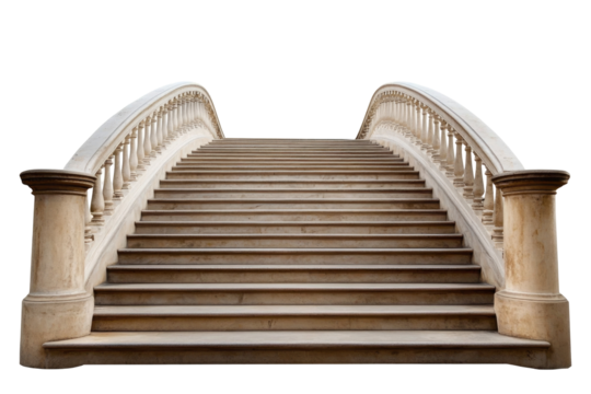 Elegant stone staircase with curved railing in a serene outdoor setting, inviting exploration and admiration. on transparent background