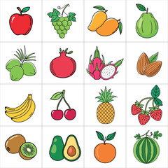 Colorful Fruit vector collection. apples, mangoes, grapes, guava, coconuts, pomegranate, dragon fruit, almonds, bananas. fruit vector illustration, flat icons set